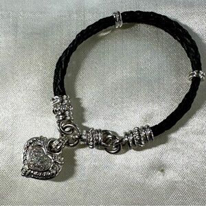 Judith Ripka Leather Sterling 925 Heart with Diamonique CZ Bracelet  7”